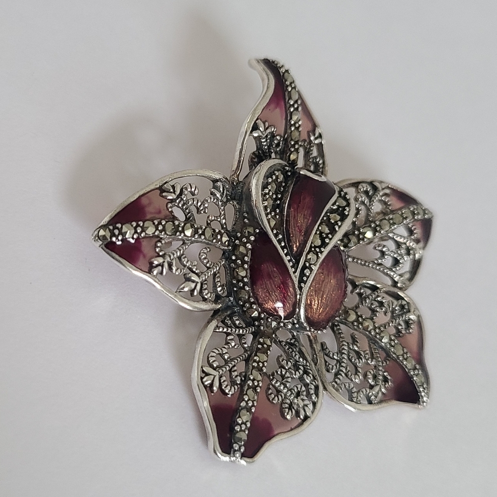 Vintage Boho Sterling Silver Marcasite Crystal Enamel Orchid Flower Brooch Pin - Picture 3 of 9
